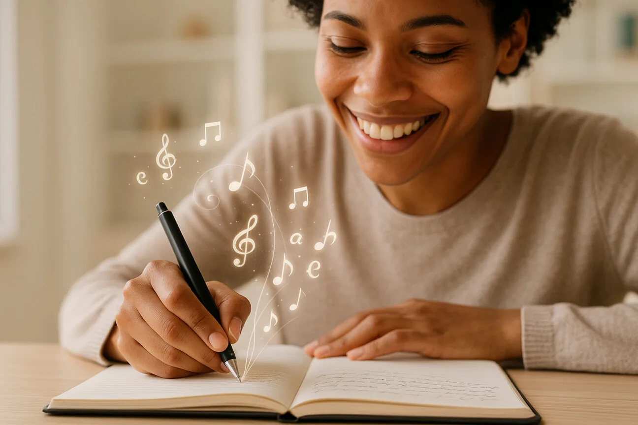 Persona escribiendo con fluidez gracias al buen uso de las conjunciones