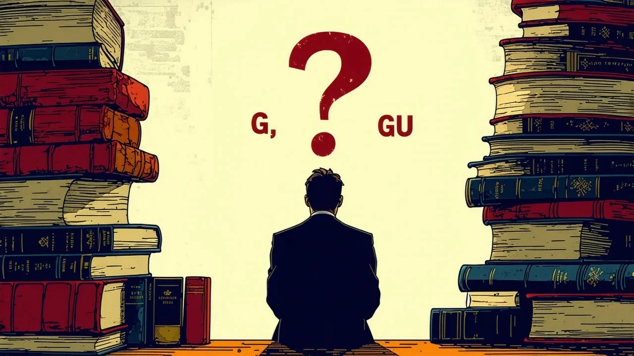 Persona pensativa con un signo de interrogación grande formado por las letras G, GU, GÜ flotando sobre su cabeza, con un fondo de libros y un ambiente de estudio amigable.