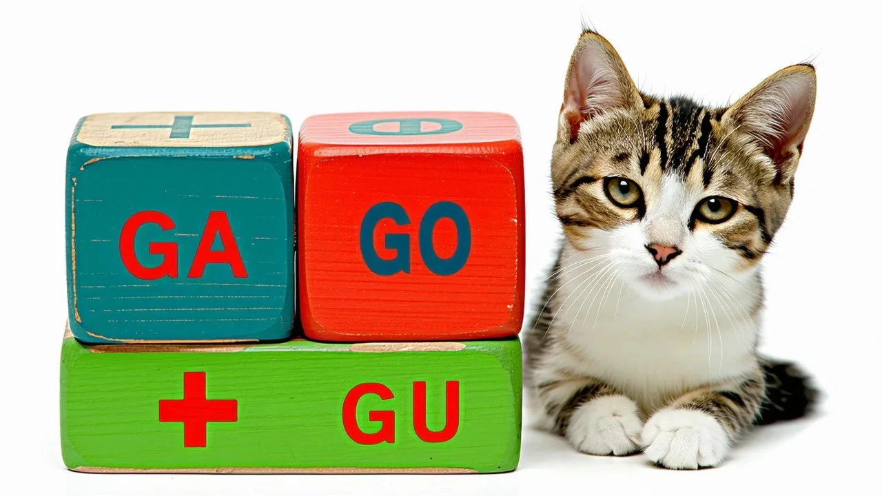 Tres bloques de juguete coloridos, cada uno con una combinación: GA, GO, GU, y un gato sonriente junto a ellos.