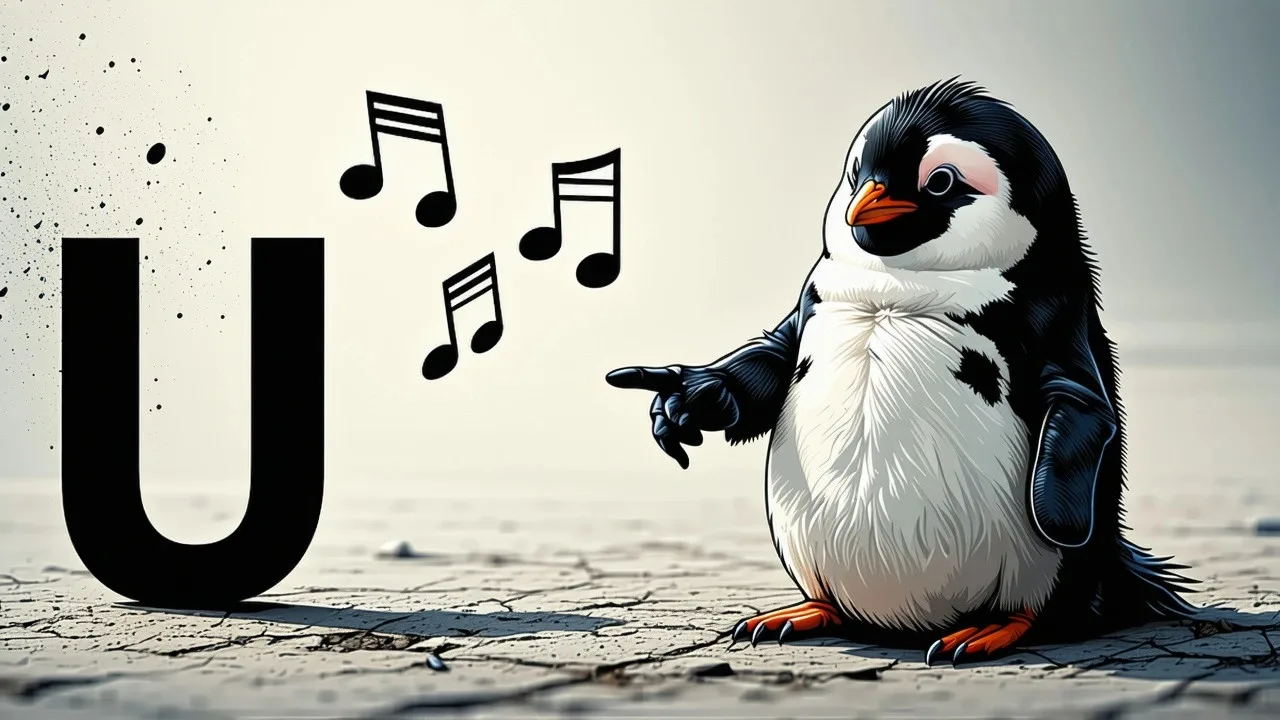 Un pingüino simpático señalando una letra Ü con diéresis bien visible, con notas musicales alrededor de la Ü para indicar sonido.
