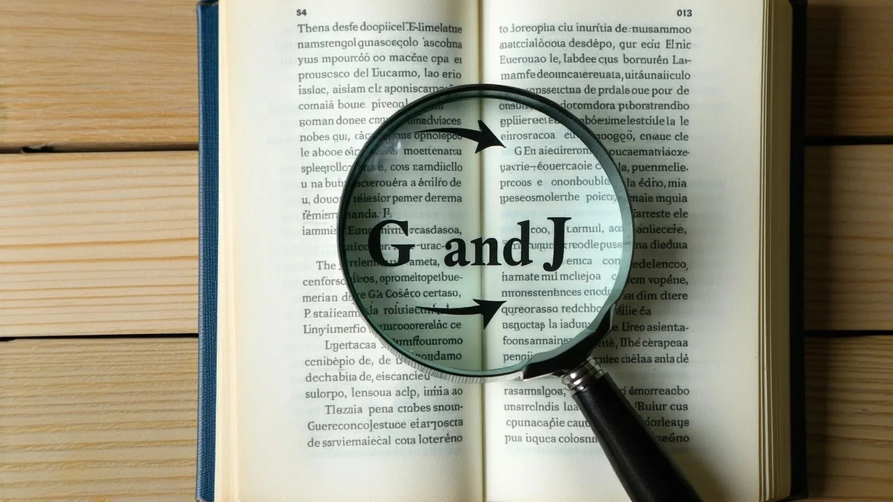 Una lupa enfocando la raíz etimológica de una palabra en un libro antiguo, con flechas indicando G y J como posibles opciones.