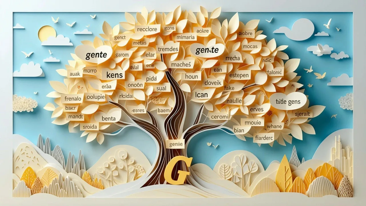 Un árbol genealógico de palabras, mostrando cómo la palabra gente deriva del latín gens, con la letra G destacada en la raíz.